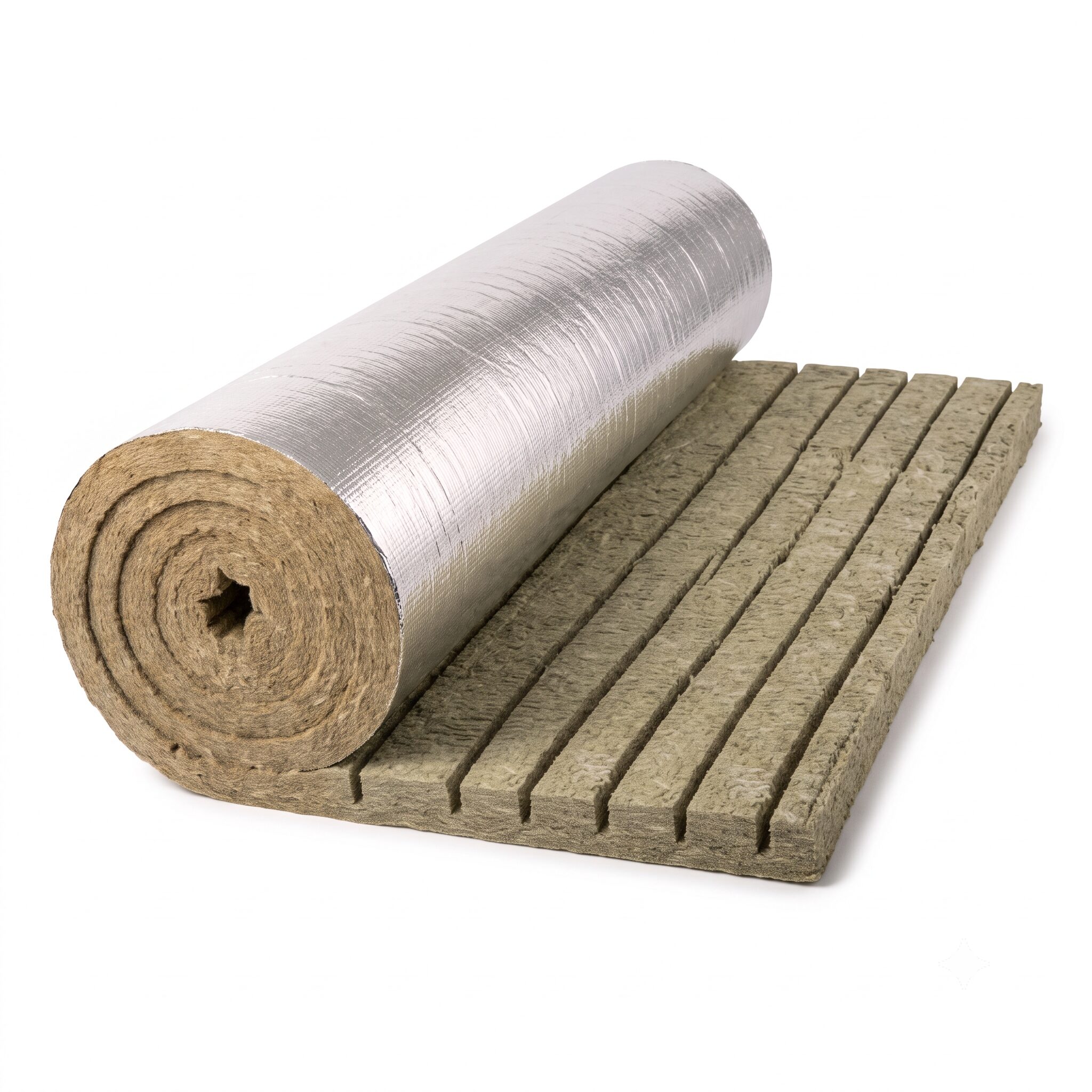Rollo de lana mineral 6 lb/ft³ con foil de aluminio reforzado para aislamiento térmico de tuberías, tanques y equipos industriales.